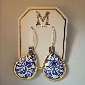 Stunning Gold and Blue Floral Teardrop Earrings by Mia Charro with gold accents